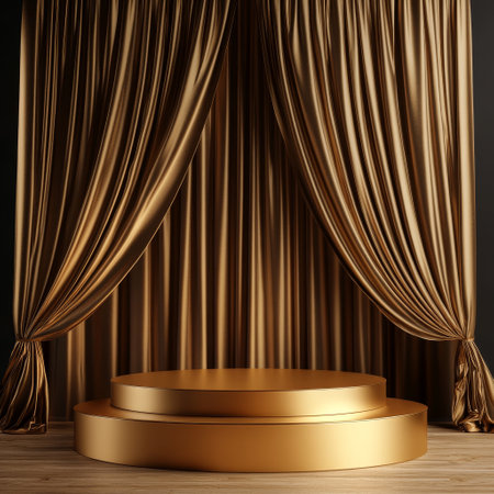 Golden podium with drapery and drapes. 3d renderの素材