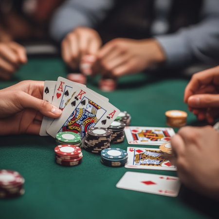 Close-up of the hands of a group of people playing pokerの素材