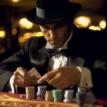 Young man playing poker in casino. Closeup portrait of croupier in top hat.の素材