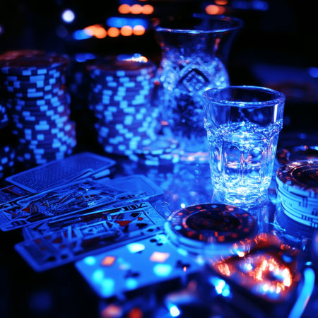 Poker chips, cards and glass of water. Blue tonedの素材