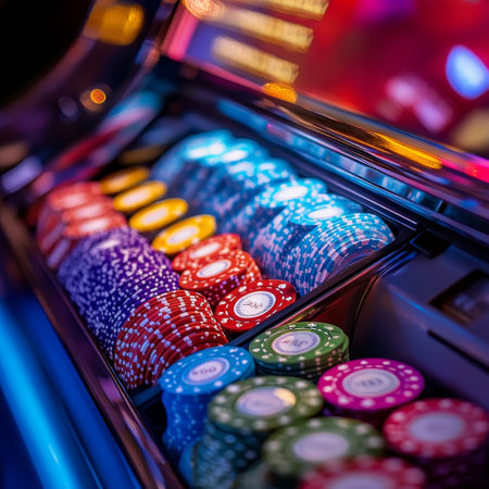 Casino roulette machine with red, blue and green chips.の素材