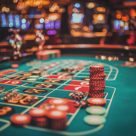 Casino roulette table with red chips. Vintage style toned pictureの素材