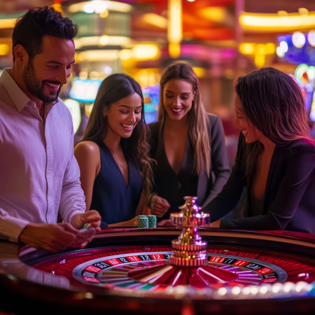 Group of friends playing roulette at the casino. Casino and gambling conceptの素材