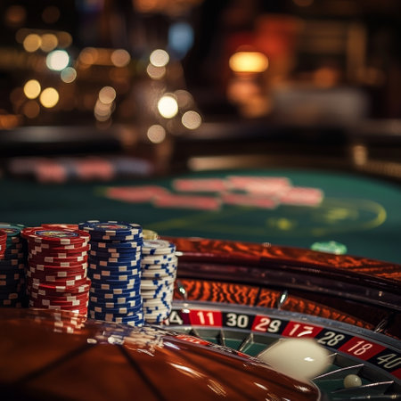 Casino roulette table with chips and cards, shallow depth of fieldの素材