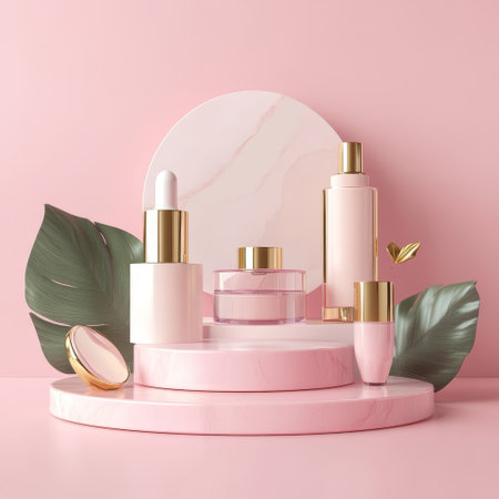Podium with cosmetic products and tropical leaves on pink background, 3d renderの素材