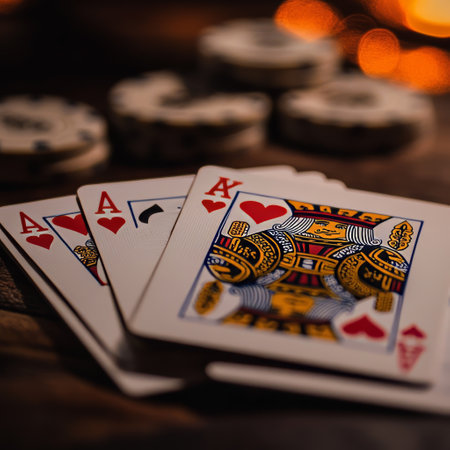 Close up of playing cards on wooden table with blurred bokeh backgroundの素材