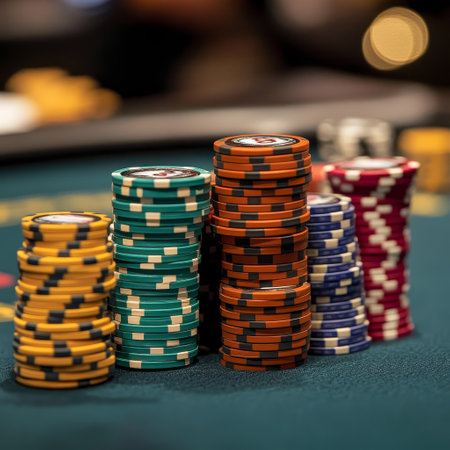 Poker chips on green table in casino, shallow depth of fieldの素材