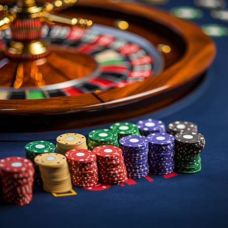 Casino roulette and chips on the table. Gambling conceptの素材