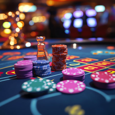 Casino roulette table with chips and cards. Colorful backgroundの素材
