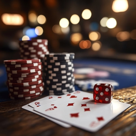 casino, gambling, entertainment and people concept - close up of playing cards and chips over casino table backgroundの素材