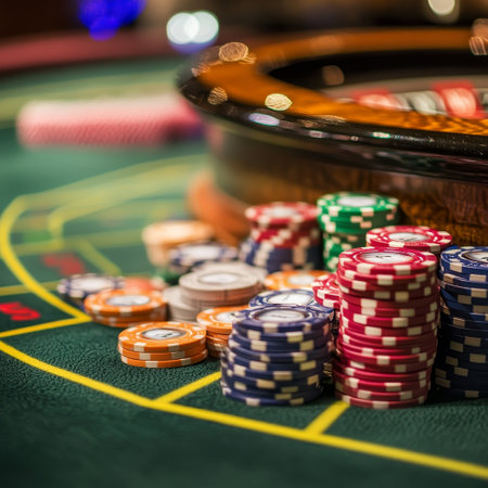 Casino roulette table with chips and cards, shallow depth of fieldの素材