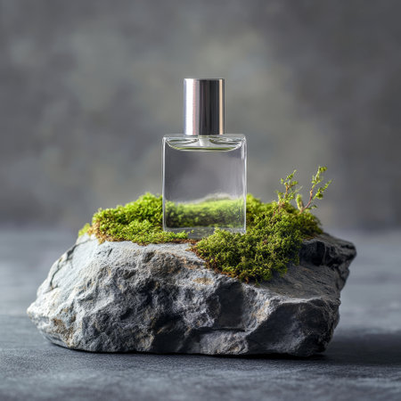 Perfume bottle with green moss on a stone over grey backgroundの素材