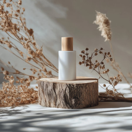 Mockup bottle of cosmetic product on wooden stand with dried flowers.の素材