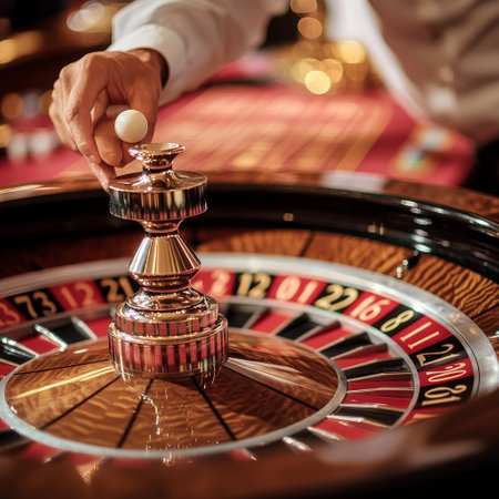 Casino roulette wheel. Man playing roulette in casino.の素材