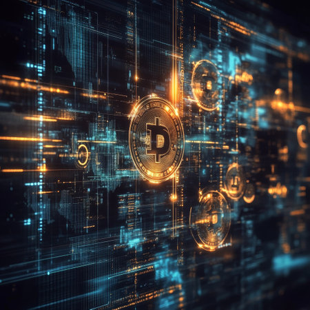 Abstract image of a digital bitcoin on the background of a binary codeの素材