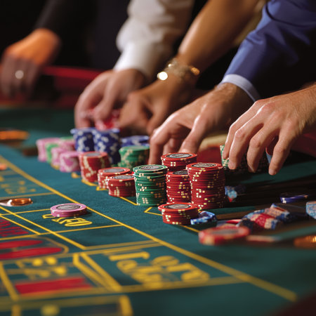 Croupier in casino. Close-up of a group of people playing rouletteの素材
