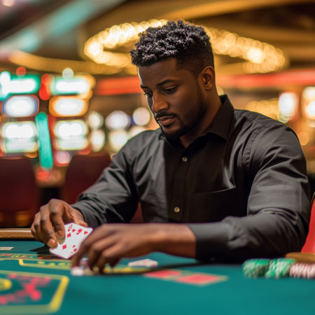 Young african american man playing texas hold'em poker in casinoの素材