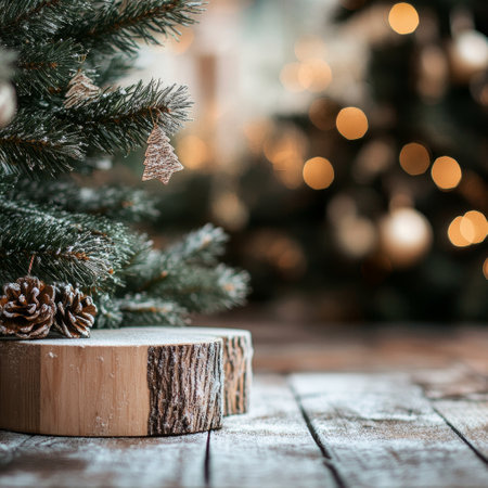 Christmas tree on wooden background with bokeh. New Year conceptの素材
