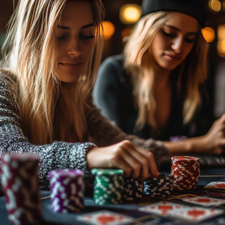 Two young women playing poker in a casino. Focus on the girlの素材