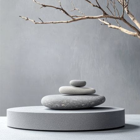 Minimalistic composition of stone podium on gray background. 3d renderの素材