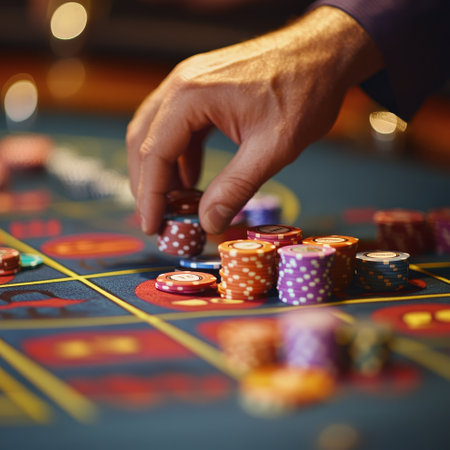 casino, gambling, entertainment and people concept - close up of man playing roulette at casinoの素材