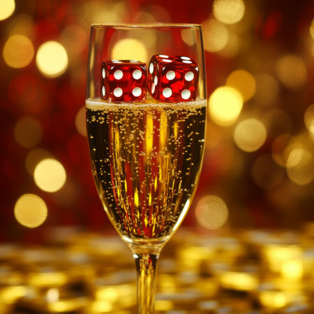 Two glasses of champagne with red dice on golden bokeh backgroundの素材