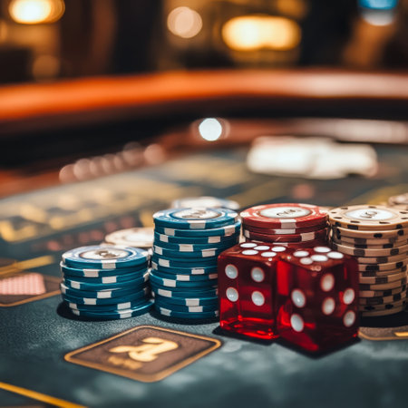 Casino chips and red dice on table in casino. Gambling conceptの素材