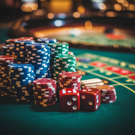 Casino roulette table with chips and cards. Gambling backgroundの素材