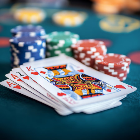 Poker chips and cards on the table. Casino gambling concept.の素材