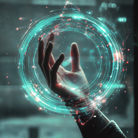 Close up of human hand touching abstract glowing circle. Technology concept. Double exposureの素材