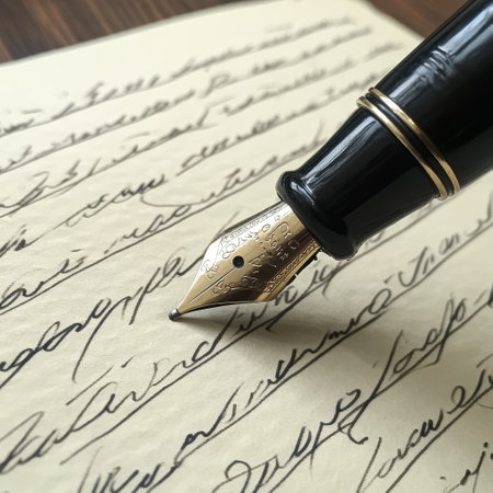 Fountain pen on an old handwritten letter. Shallow depth of fieldの素材