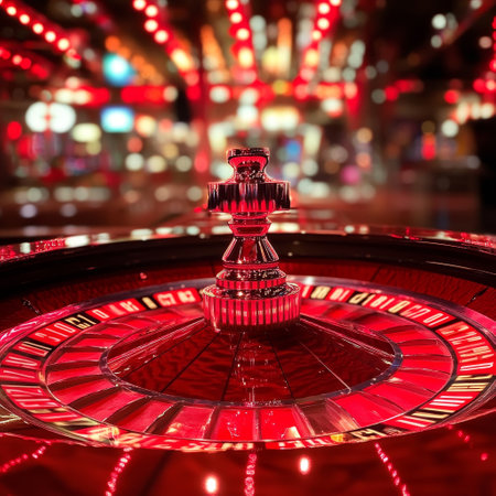 Roulette wheel in casino. Casino roulette wheel on dark backgroundの素材