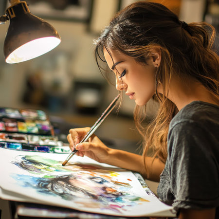 Beautiful young female artist drawing a picture in her studio. Beauty, fashion.の素材