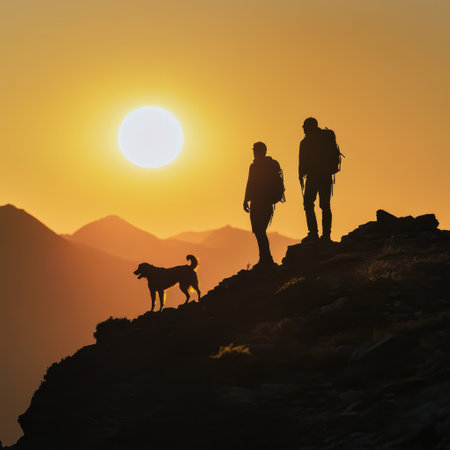 Silhouette of a man with a dog on the top of the mountain.の素材