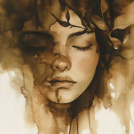 Beautiful woman face with watercolor background. Digital art painting.の素材