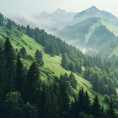 Mountain landscape with coniferous forest in the morning mist.の素材