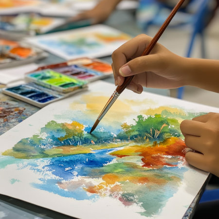 Closeup of child's hands painting a picture with watercolorsの素材