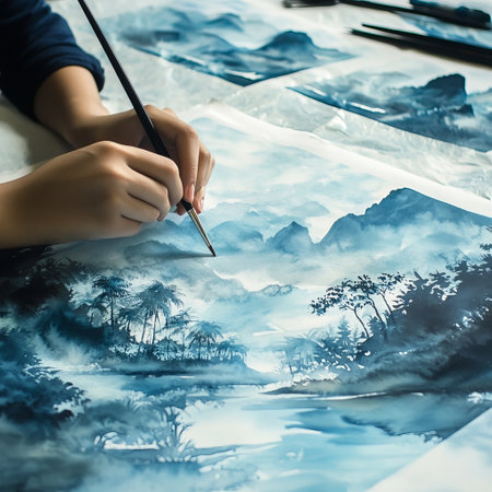 Female hand drawing a picture with watercolors on the table.の素材