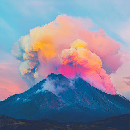 Volcanic eruption at sunset, active volcano in the clouds, 3d illustrationの素材