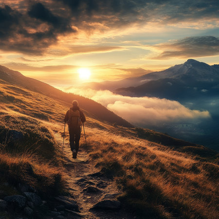 Hiker with backpack and trekking poles in the mountains at sunsetの素材