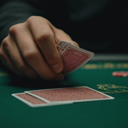 Hands of man playing poker at green casino table with red chipsの素材
