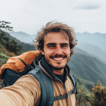 Handsome man taking selfie with smartphone on the top of mountainの素材