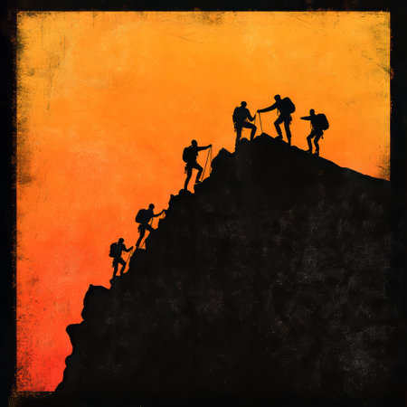 Silhouette of a group of climbers climbing on a mountain.の素材