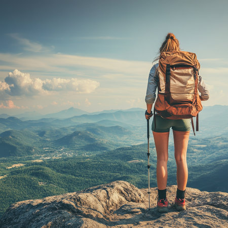 Young woman hiker with backpack standing on the top of the mountain and enjoying the viewの素材