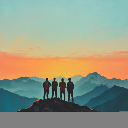 Silhouette of a group of people on top of a mountain.の素材