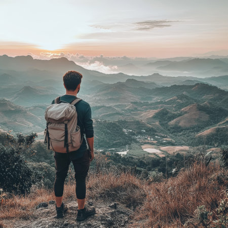 Man with backpack standing on top of the mountain and looking at the sunriseの素材