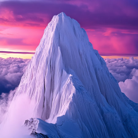 Beautiful alpine landscape with snow covered mountain peak at sunset.の素材