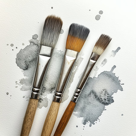 Paintbrushes on a white background with watercolor splashesの素材