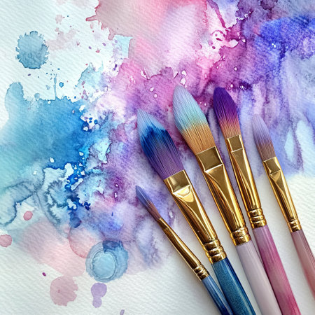 Set of professional paint brushes on abstract watercolor background. Top view.の素材