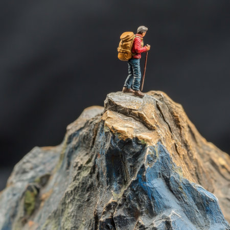 Miniature backpacker standing on the top of a mountain in the mountainsの素材